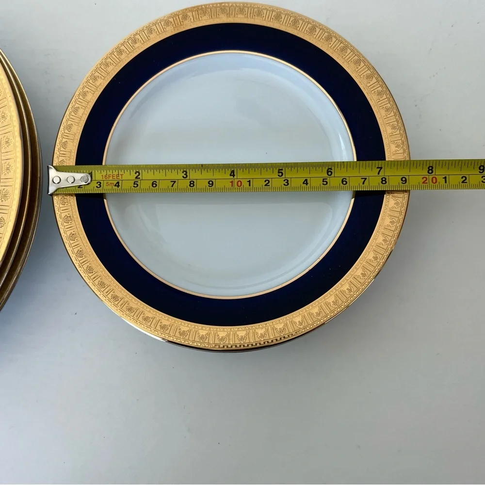 YAMASHIGE Japan 8 Pc Cobalt Blue Gold Encrusted Dinner w Salad Plates Porcelain